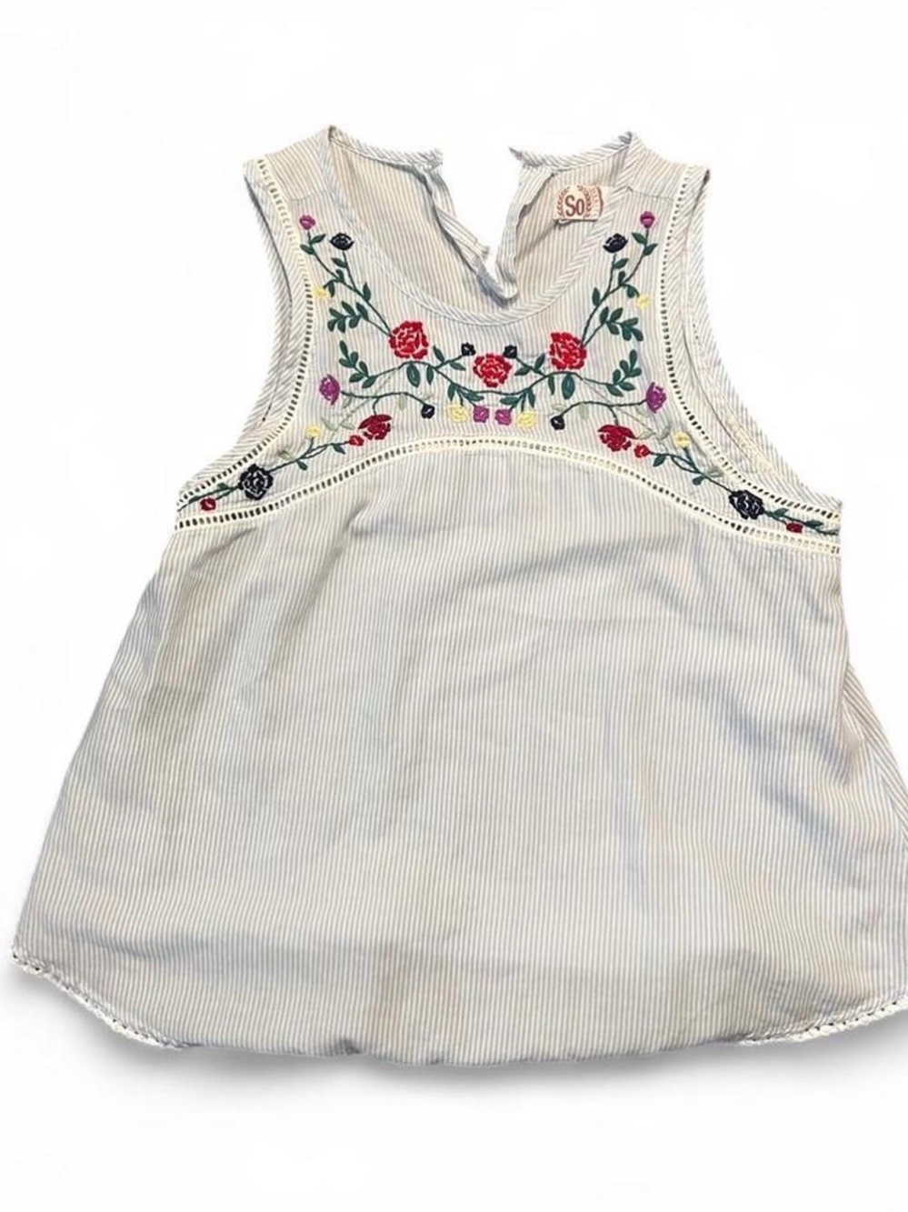 SO White Striped Tank Top with Multicolor Floral Embroidery